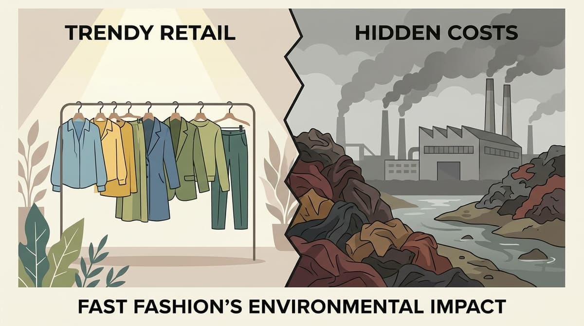 Illustration of clothing on hangers with a polluted factory and discarded garments in the background