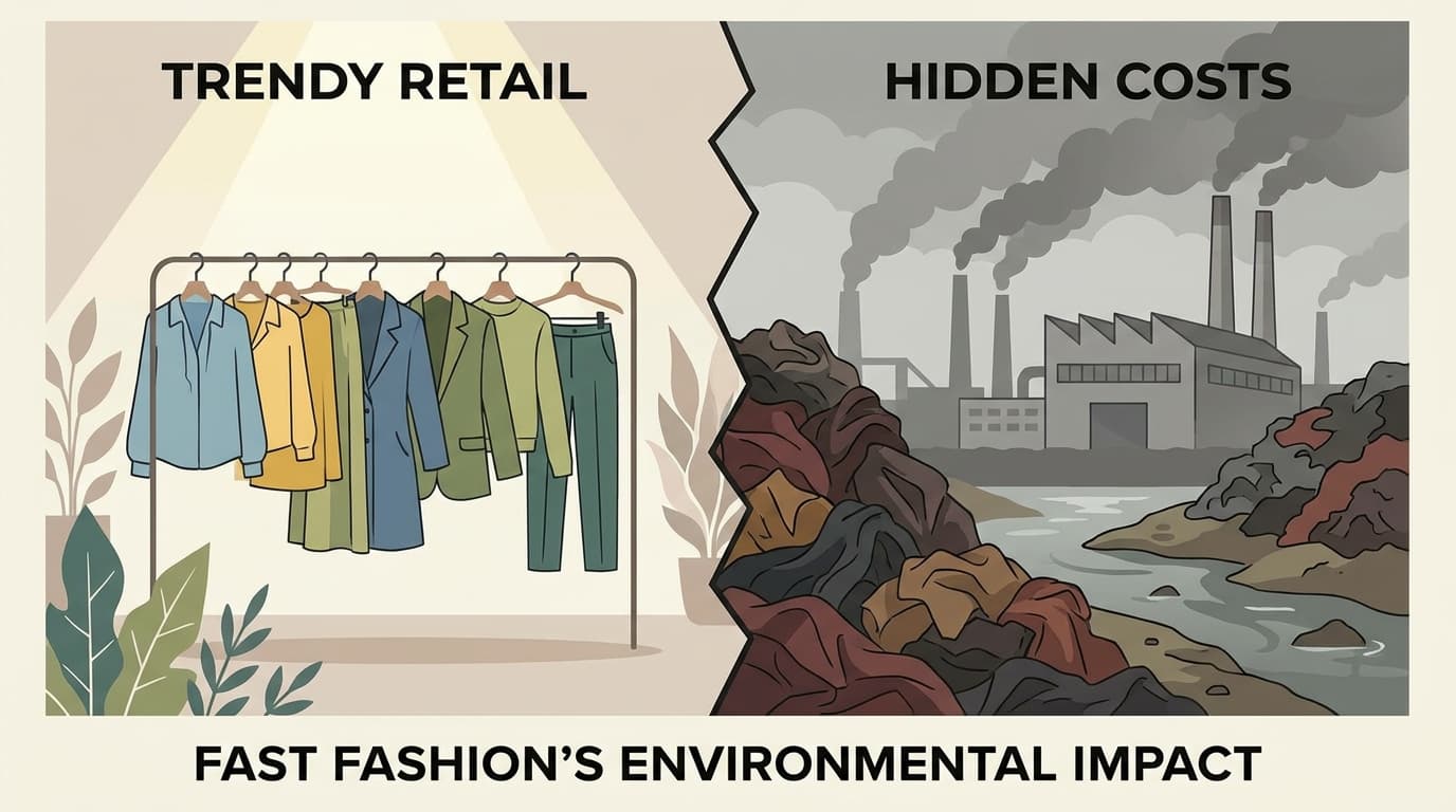 Illustration of clothing on hangers with a polluted factory and discarded garments in the background