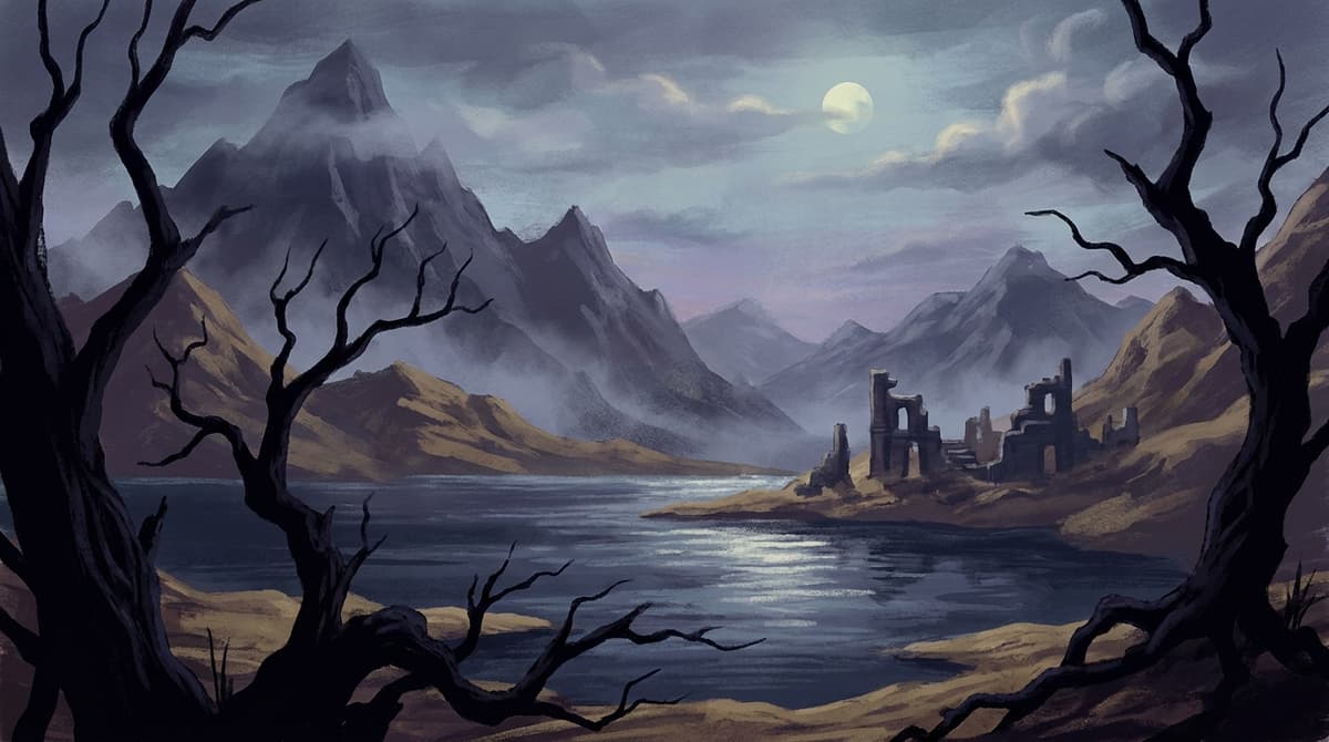 Misty mountain landscape with ancient ruins and moonlit water, evoking Mexican folklore.