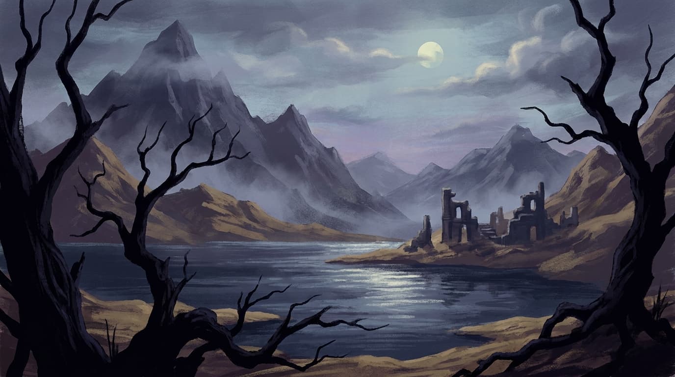 Misty mountain landscape with ancient ruins and moonlit water, evoking Mexican folklore.