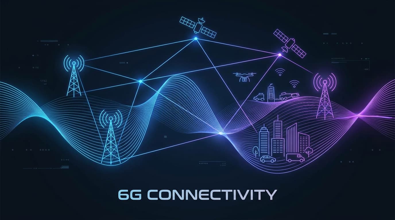 Futuristic digital network connecting cities, satellites, and devices with glowing terahertz light.