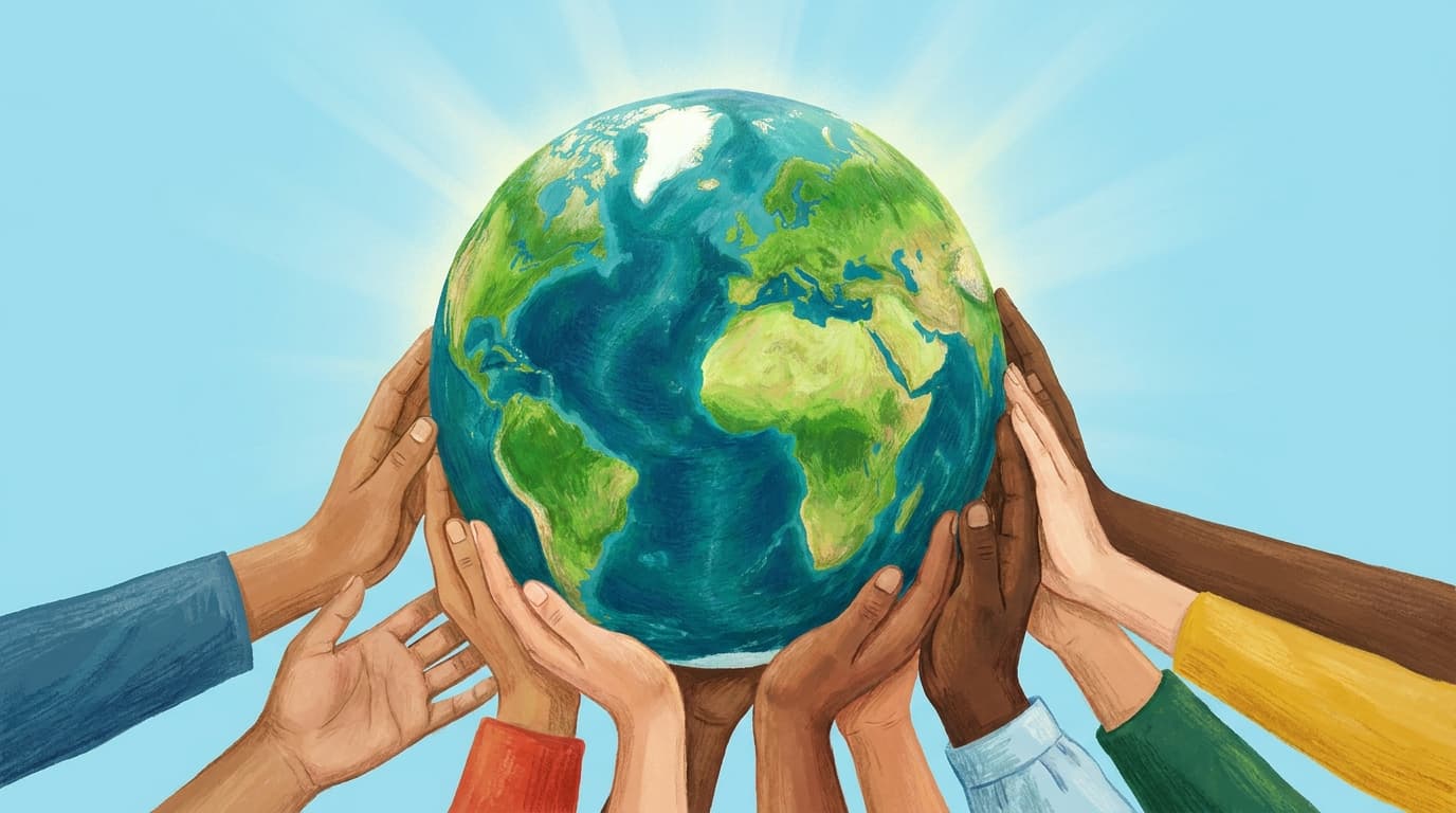 Diverse hands holding up a vibrant green Earth globe against a bright blue sky