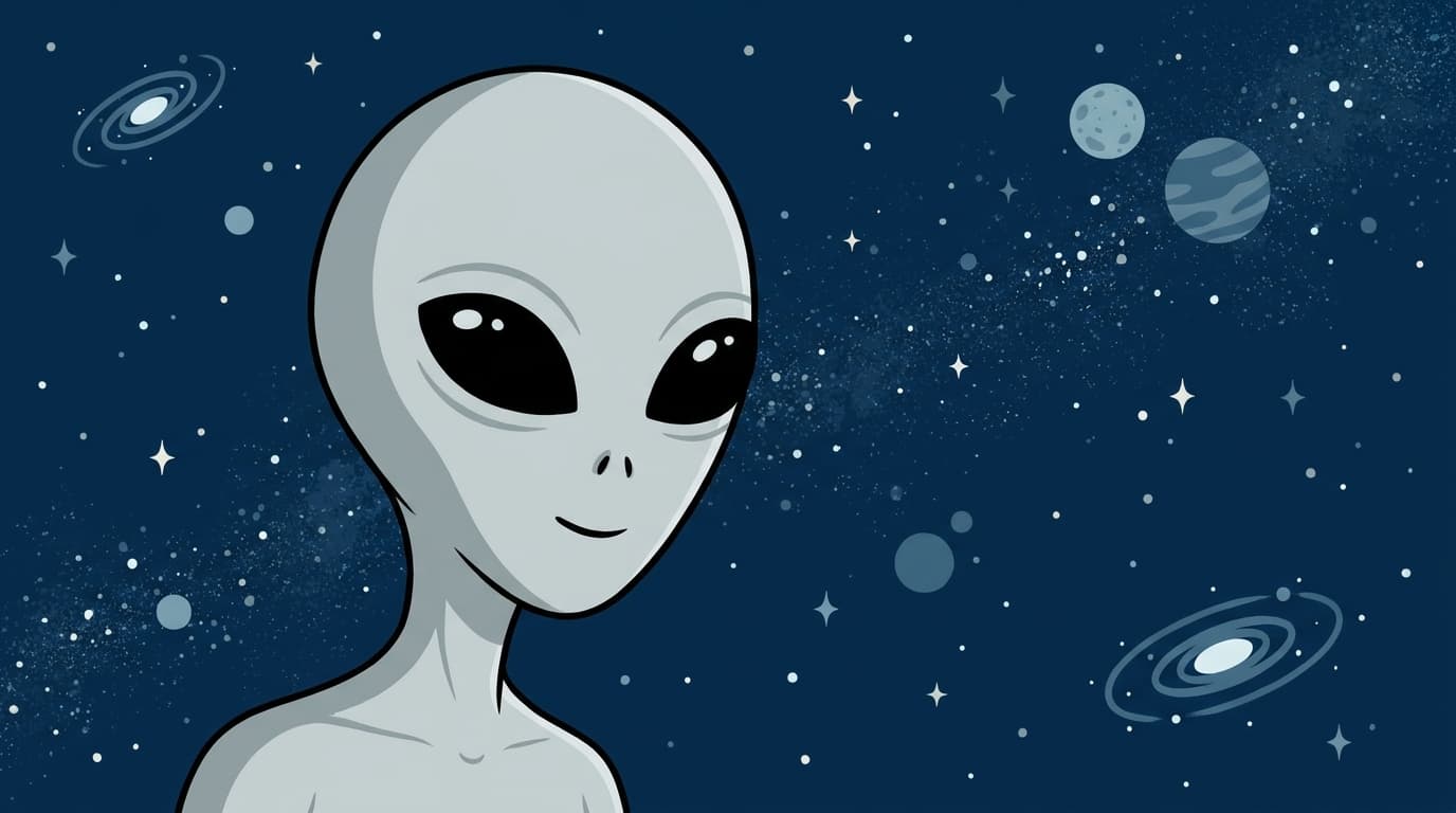 Illustration of a grey alien with large black eyes against a starry night sky background