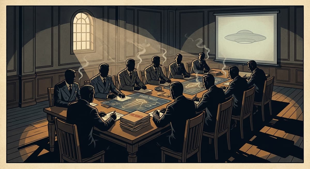Illustration of mysterious suited figures seated at a secretive government meeting table