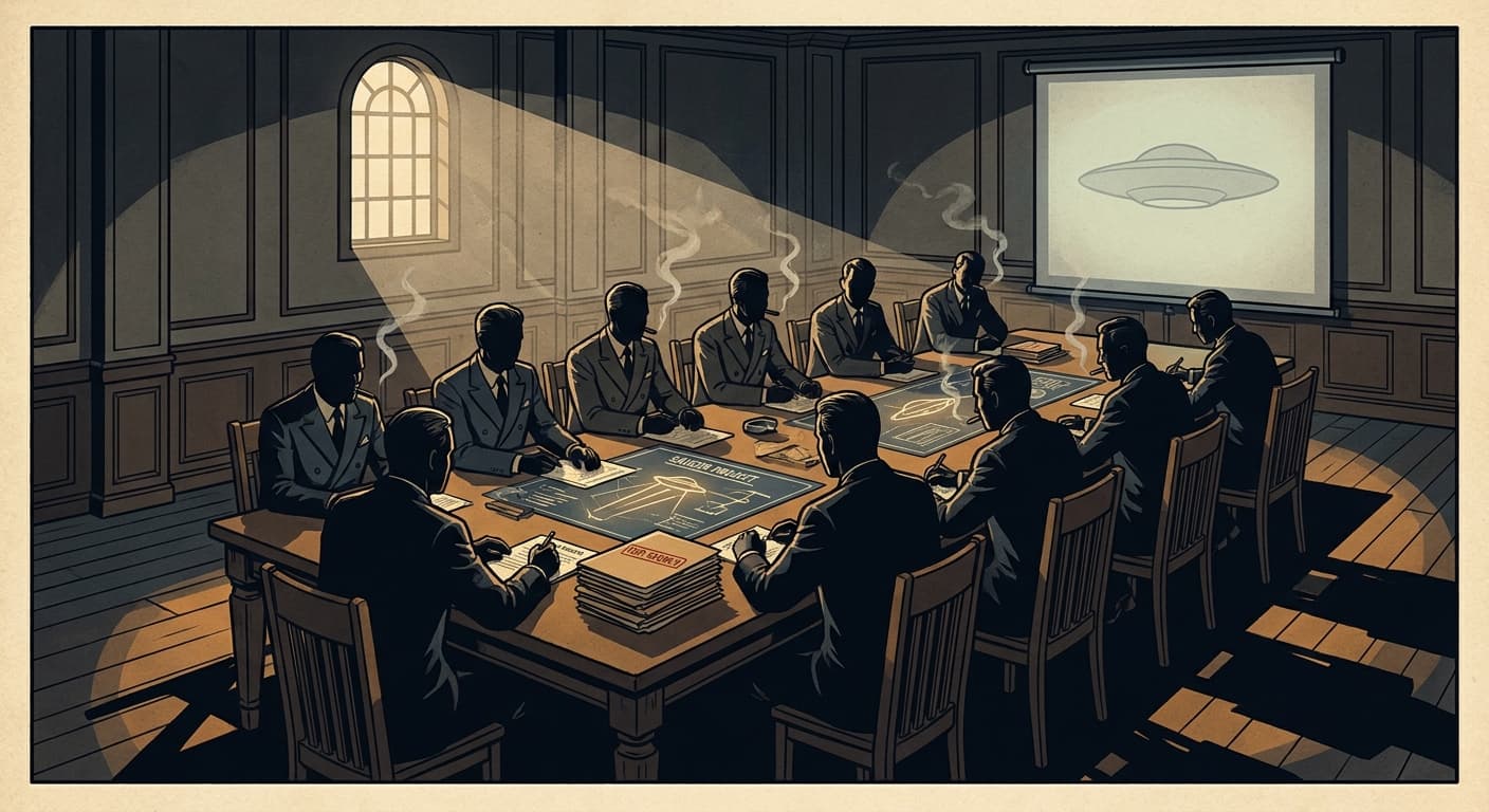 Illustration of mysterious suited figures seated at a secretive government meeting table