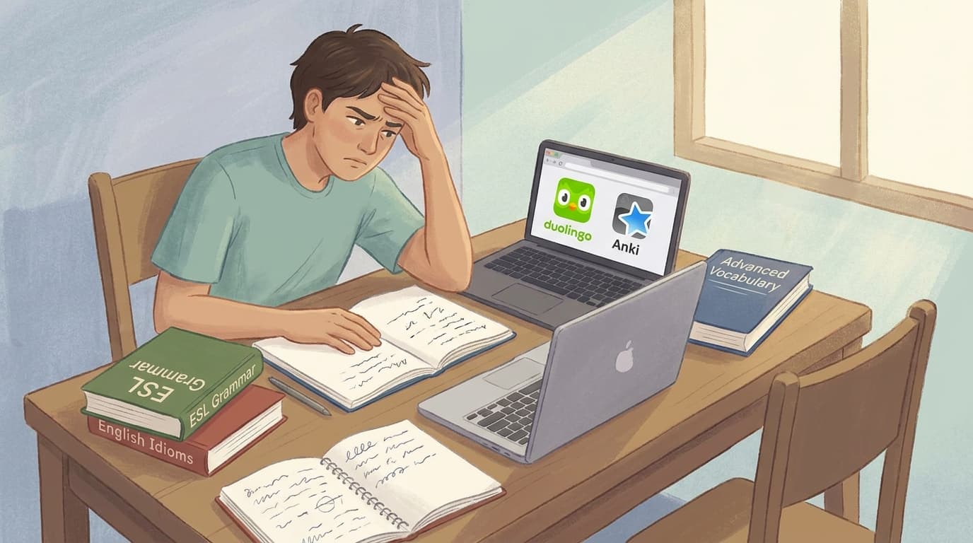 A learner sits at a desk with books and a computer, facing an empty chair—representing the absence of guidance in self-study.