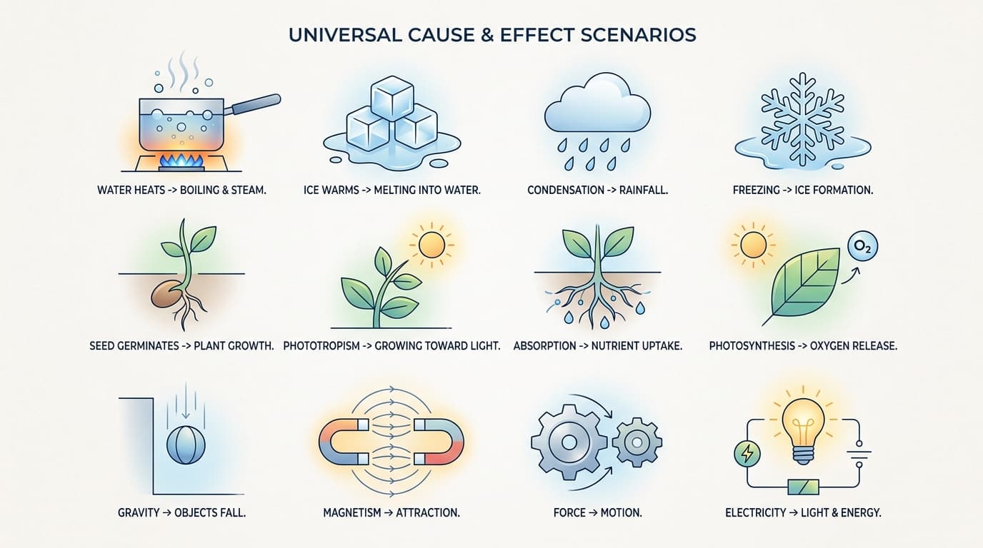Minimalist illustration showing cause-and-effect connections with natural phenomena and everyday facts