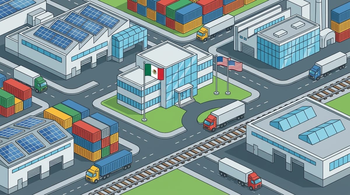 Industrial corridor showing modern factory facilities near the US-Mexico border with shipping containers